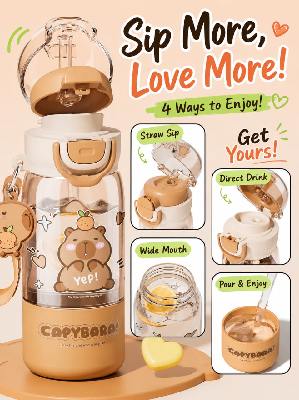 CAPYBARA Water Bottle with Straw and Pop Lid (420ml) #2 - Image 2